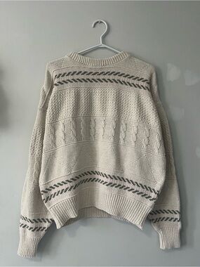 Claiborne vintage Cream Cable Knit Sweater with sage green/pink Fair Isle Detail